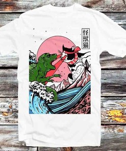 Horror Dinosaur Cat The Great Wave Off Kanagawa T-Shirt - Unique Art and Cat Lovers Gift: Gift for Manga Lovers Included