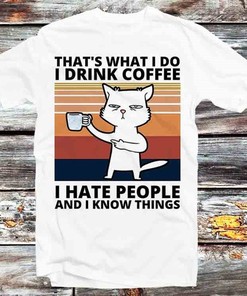 I Drink Coffee and Know Things Cat T-Shirt - Retro Style Tee for Cat Lovers and Anime Fans