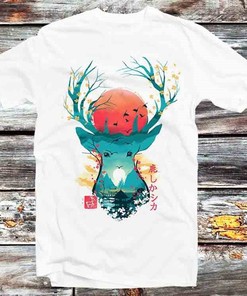 Japanese Deer Sakura Tree T-Shirt, Vintage Style Anime Lovers Gift for Manga Fans - Unisex Cartoon Anime Tee