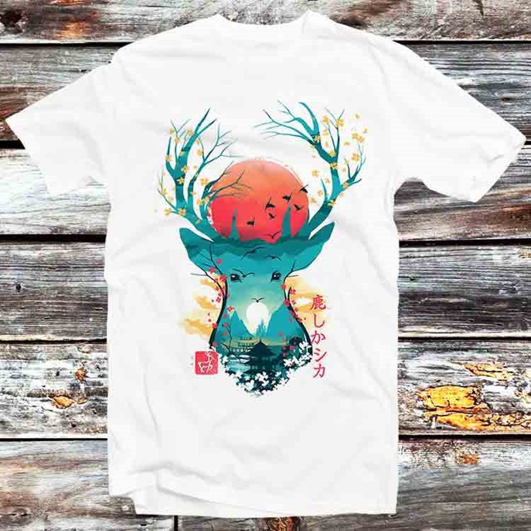Japanese Deer Sakura Tree T-Shirt, Vintage Style Anime Lovers Gift for Manga Fans - Unisex Cartoon Anime Tee