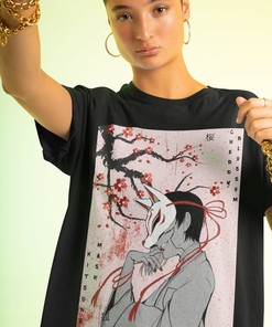Japanese Kitsune Fox Girl Tee - Traditional Anime Art Shirt with Bonus Gift for Fans