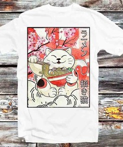 Japanese Noodles Maneki Neko Cat Ramen T-Shirt - Ideal Food and Cat Lovers Gift: Gift for Anime Lovers Included