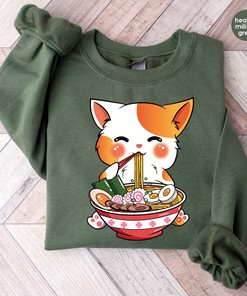 Japanese Ramen Cat Sweatshirt, Kawaii Graphic Tee for Anime Lovers and Foodies