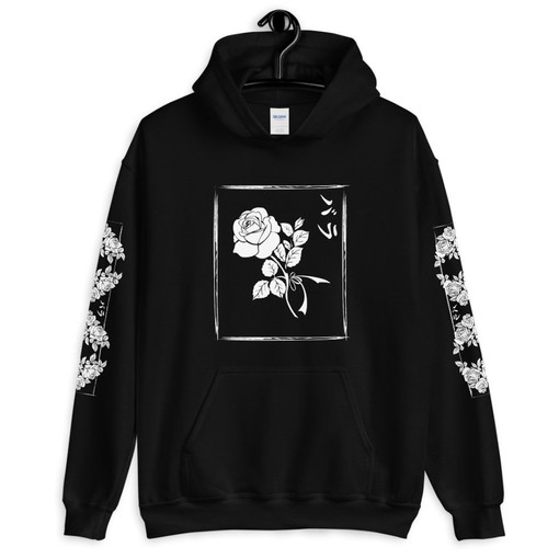 Japanese Rose Aesthetic Hoodie - Black/White Flower Sweatshirt for Anime Lovers