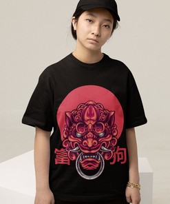 Japanese Streetwear Anime Shirt - Foo Lion Kitsune Unisex Tee, Aesthetic Tee