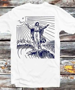 Jesus Surfing Wave Off Kanagawa T-Shirt - Retro Style Tee for Fans of Christianity and Anime