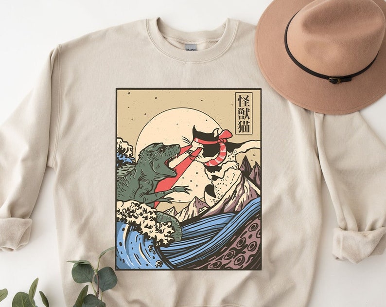 Kaiju Vs Cat Manga Anime Sweatshirt - Vintage Japan Design - Japanese Apparel - Image 2