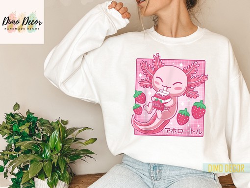 Kawaii Axolotl Strawberry Milk Shake Carton Tee - Cute Axolotl Shirt for Fans and Lovers of Anime