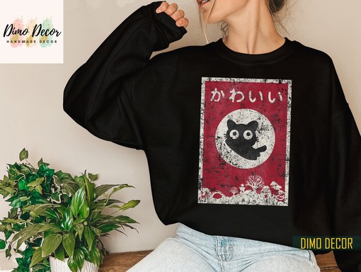 Kawaii Cat Japanese Black Tee - Japanese Cat Shirt for Retro Aesthetic Enthusiasts and Anime Fans