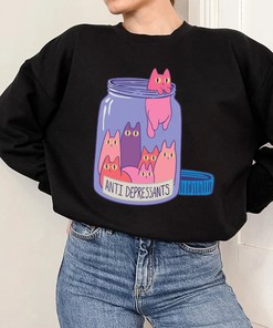 Kawaii Cat Sweatshirt - Anime Cat Antidepressant Design - Unisex Apparel