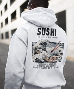 Kawaii Sushi Hoodie - Japanese Great Wave Pullover with Bonus Gift for Anime Lovers