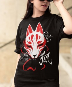 Kitsune Mask Japanese Fox Tee - Gift T-Shirt for Harajuku Streetwear Yokai Fans