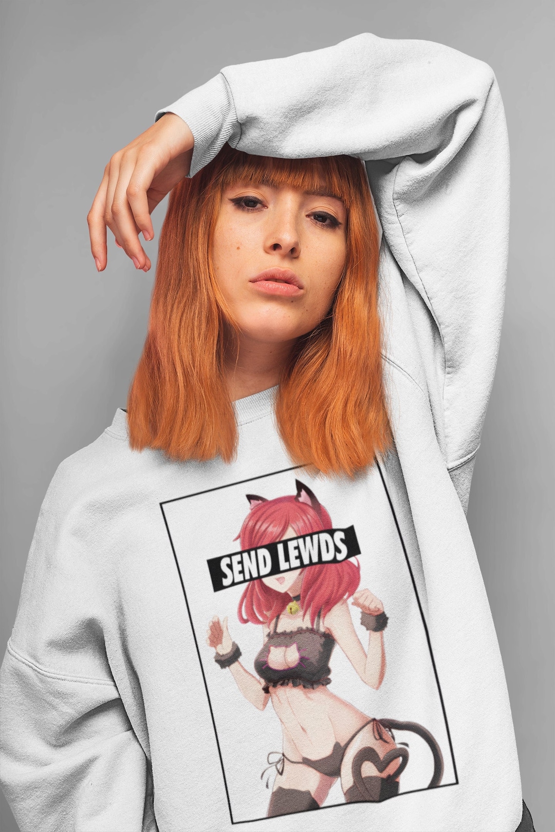 Lewd Cat Girl Send Crewneck Sweatshirt - The Ultimate Gift for Fans of Anime