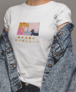 Luna Cat Sailor Moon Tee, 90s Anime Gift, Kawaii Black Cat Shirt for Fans