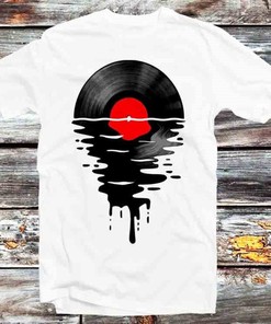 Melting Vinyl Music Sunset Sea Vintage Style Tee - Unique and Artistic Present for Anime Lovers and Music Enthusiasts