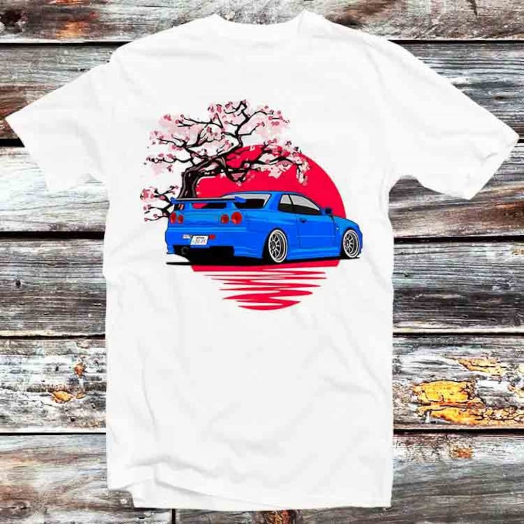 Nissan R34 GTR Blossom Sunset Unisex Anime T-Shirt - Car Lover and Auto Enthusiasts Gift