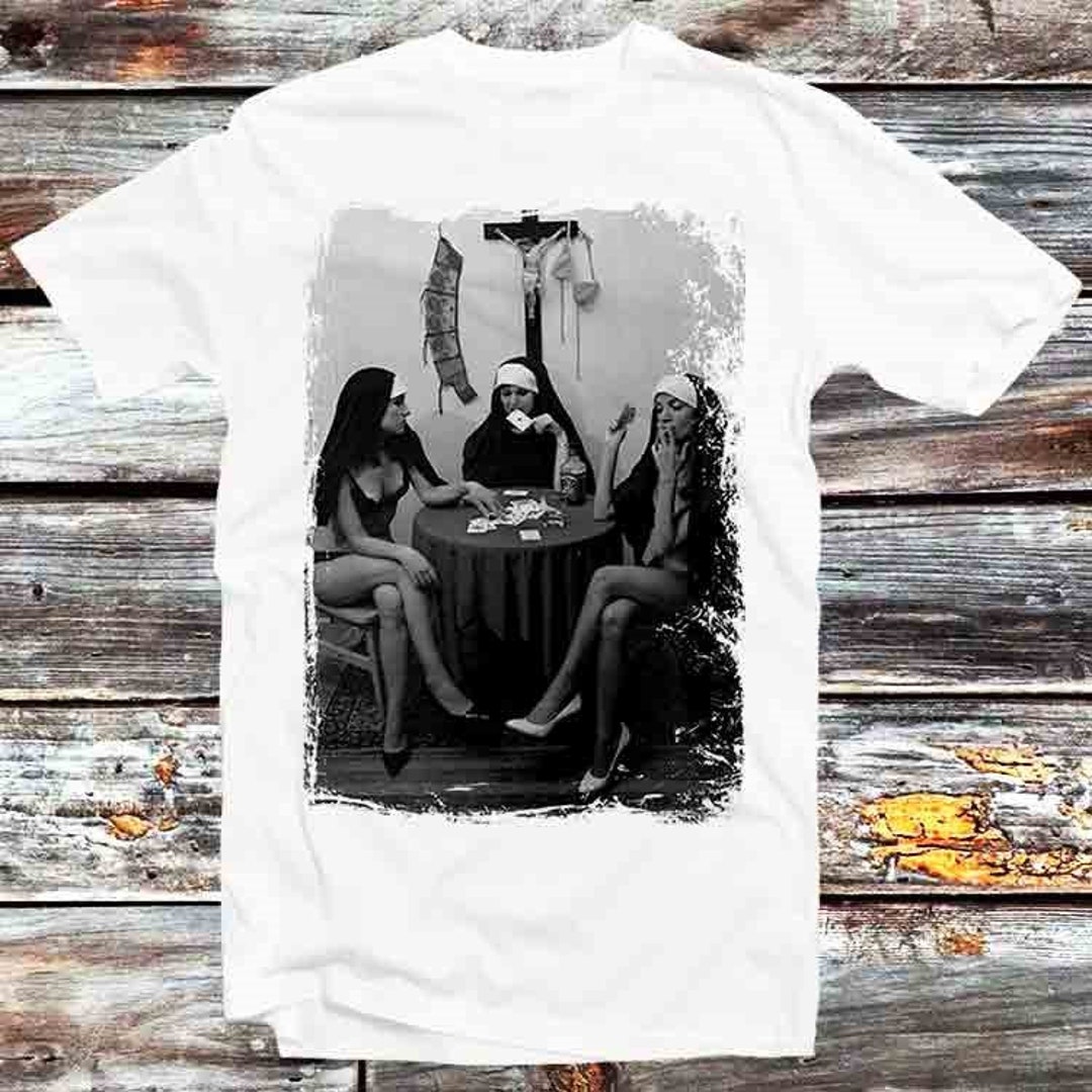 Nuns Playing Card Smoking Drinking T-Shirt - Vintage Retro Anime Tee