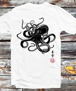 Octopus Japanese Calligraphy Art Tee - Vintage Style Yoga Warrior Graphic