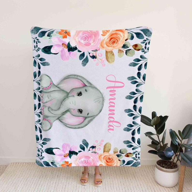 Personalized Elephant Floral Baby Quilt Blanket - Great Gifts for Family - Image 2