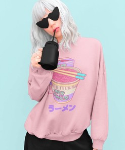 Pink Harajuku Ramen Noodle Soup Hoodie - Kawaii Anime Sweatshirt with Pastel Goth Tumblr Style