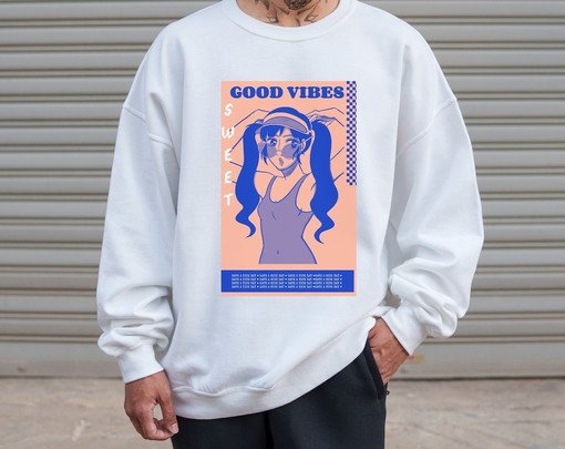 Retro Good Vibes Sweatshirt: Cute Anime Girl & Streetwear Fashion Clothing