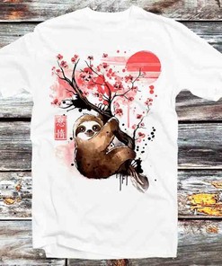 Sloth Japanese Sakura Tree Tee for Animal and Anime Fans - Unisex Anime Top Tee