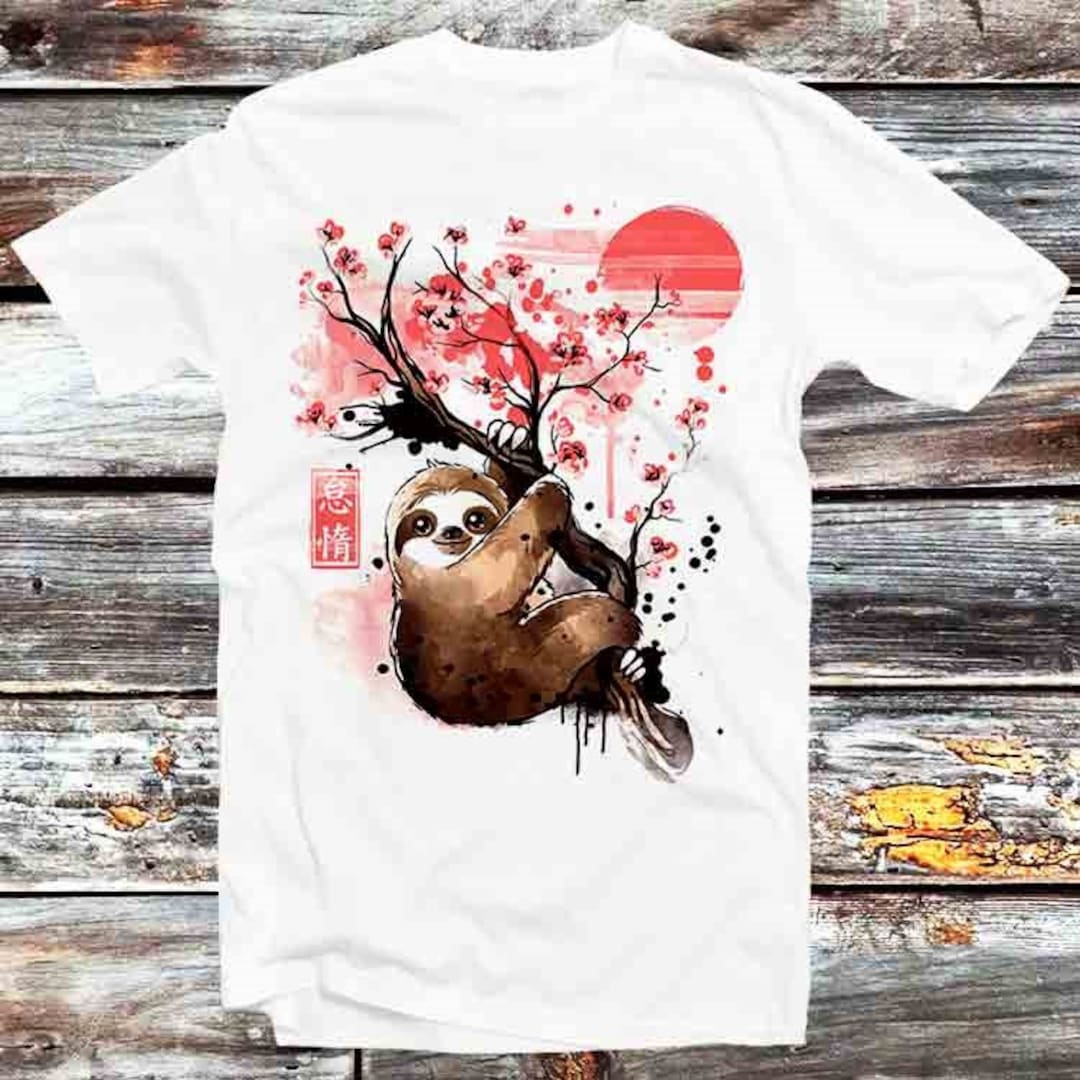 Sloth Japanese Sakura Tree Tee for Animal and Anime Fans - Unisex Anime Top Tee