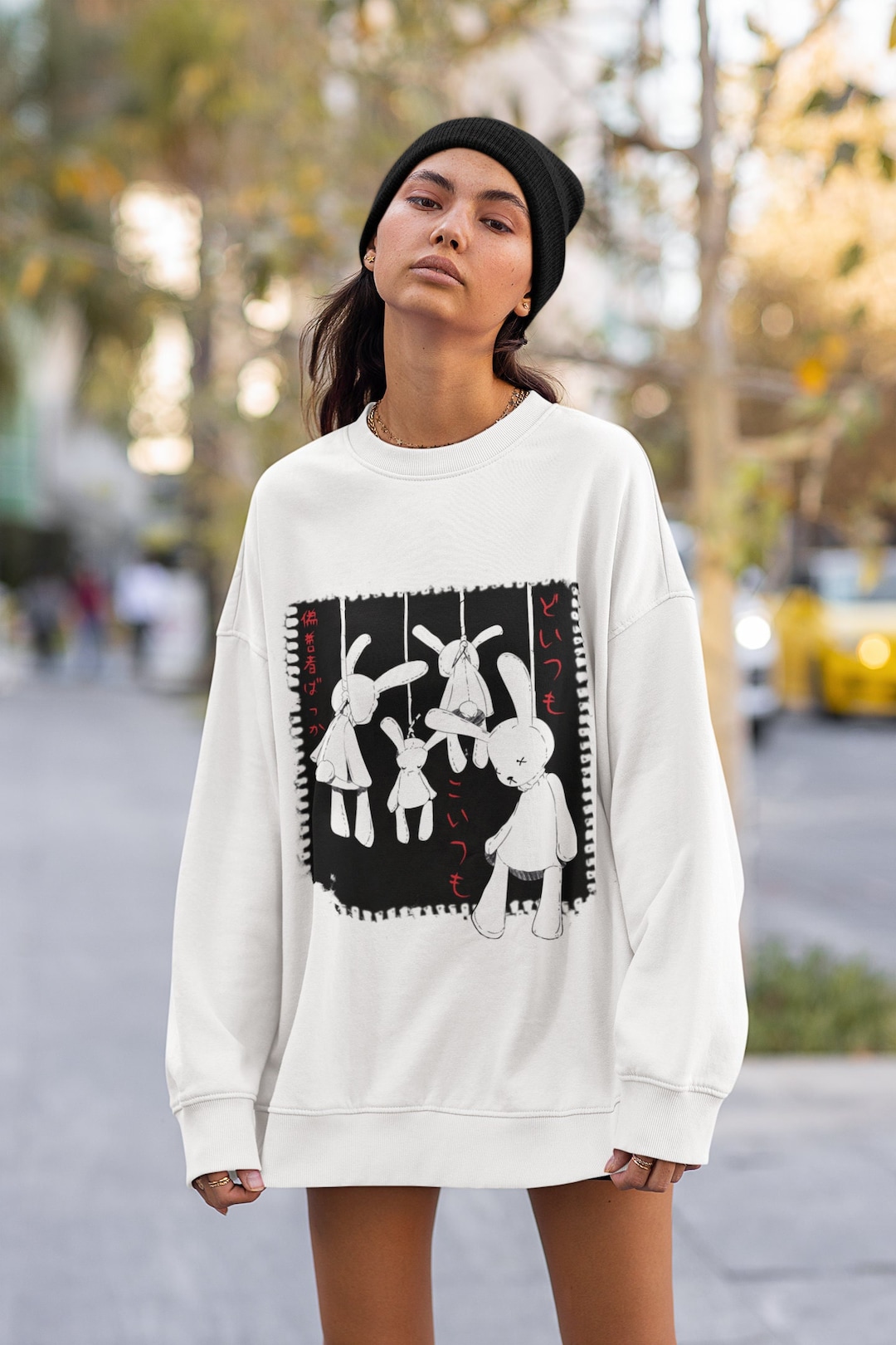 Unisex Creepy Rabbit Sweatshirt & Dark Anime Gothic Crewneck Shirt