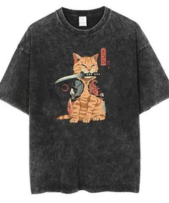 Unisex Vintage Japan T-Shirt, Washed Cotton Anime Tee - Killer Cat Retro Anime Shirt, Perfect for Anime Lovers and Fans