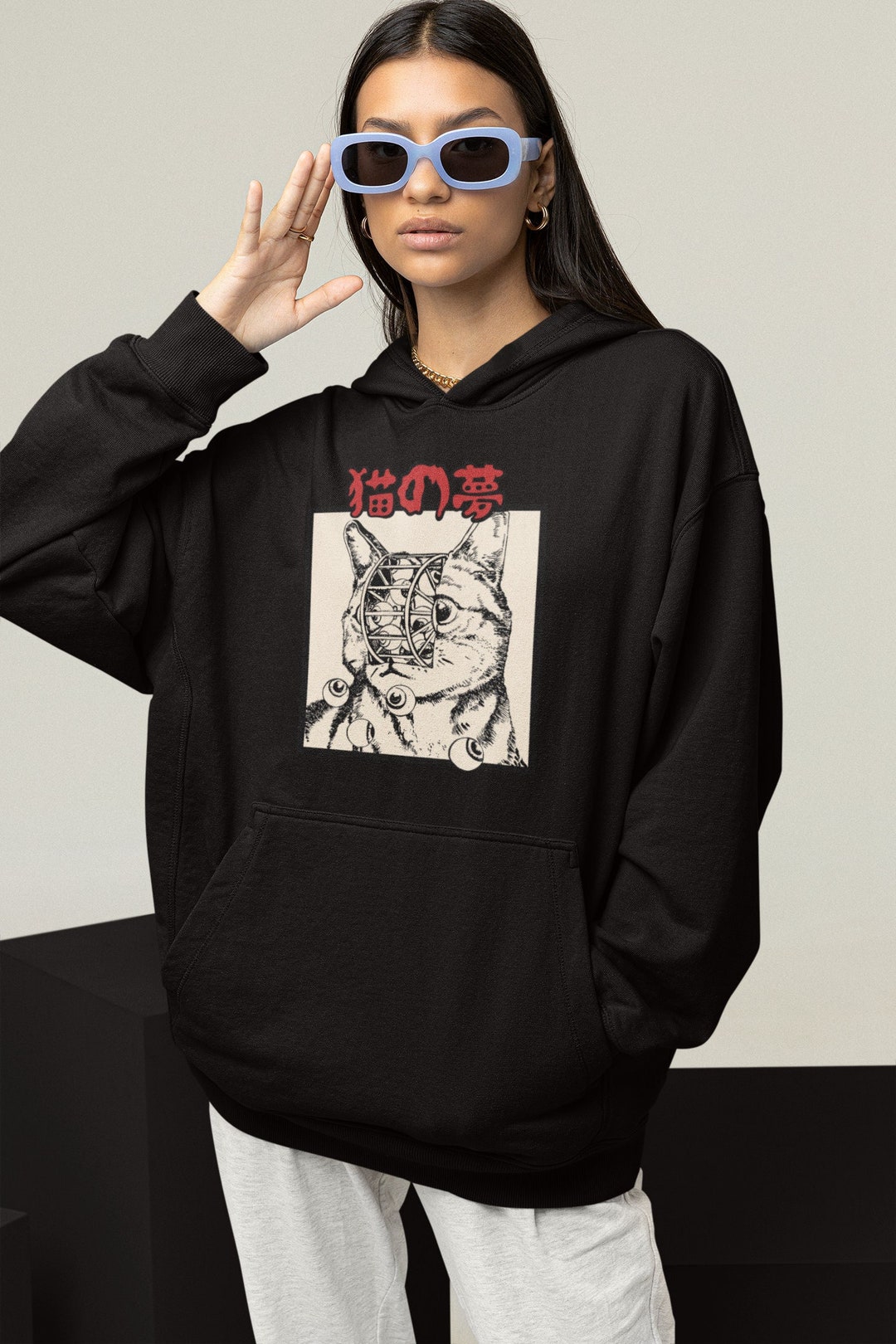 Vintage Anime Cat Hoodie, Dark Witch Sweatshirt, Plus Size Gift for Anime Lovers