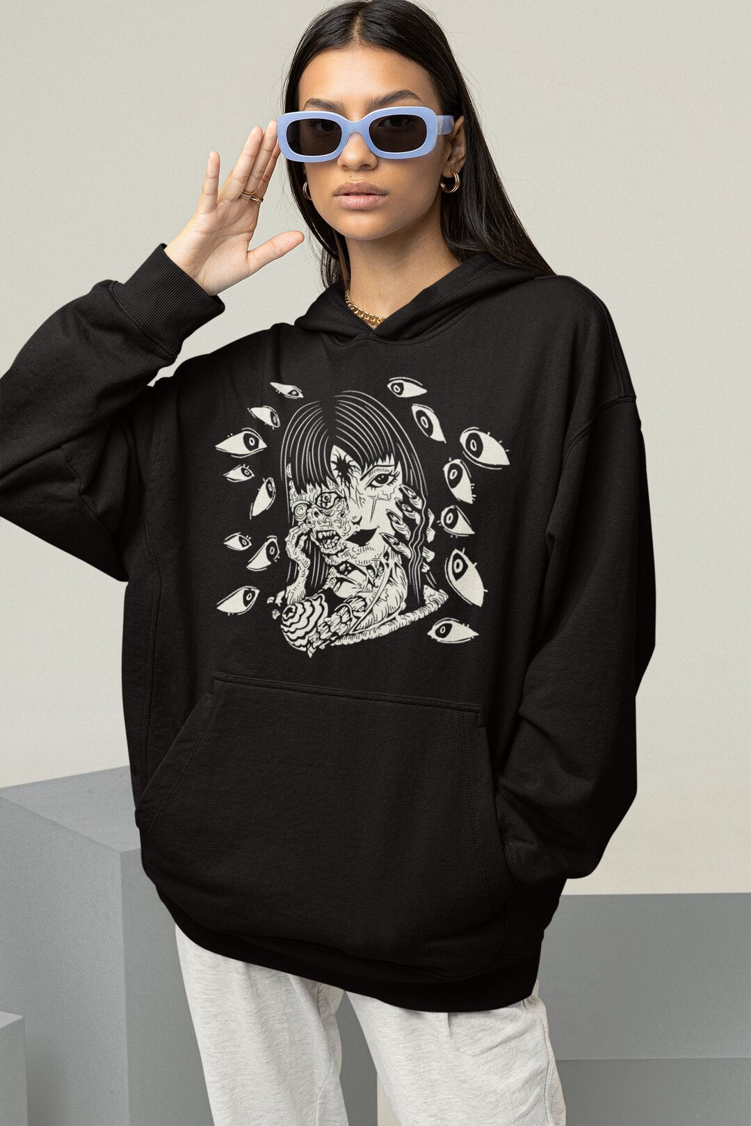 Vintage Style Manga Creepy Girl Sweatshirt, Dark Anime Gothic Hoodie - Gifts for Fans