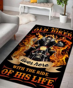 An Old Biker Lives Here Motorcycle Rug - Personalized Rug for Hot Rod Lovers