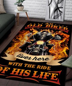 An Old Biker Lives Here Motorcycle Rug - Personalized Rug for Hot Rod Lovers