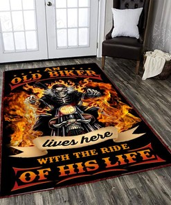 An Old Biker Lives Here Motorcycle Rug - Personalized Rug for Hot Rod Lovers