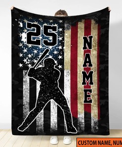 Baseball Quilt Blanket, Personalized Name American Flag Quilt Blanket, Sport Quilt Blanket, Family Throw Blanket, Gift For Him