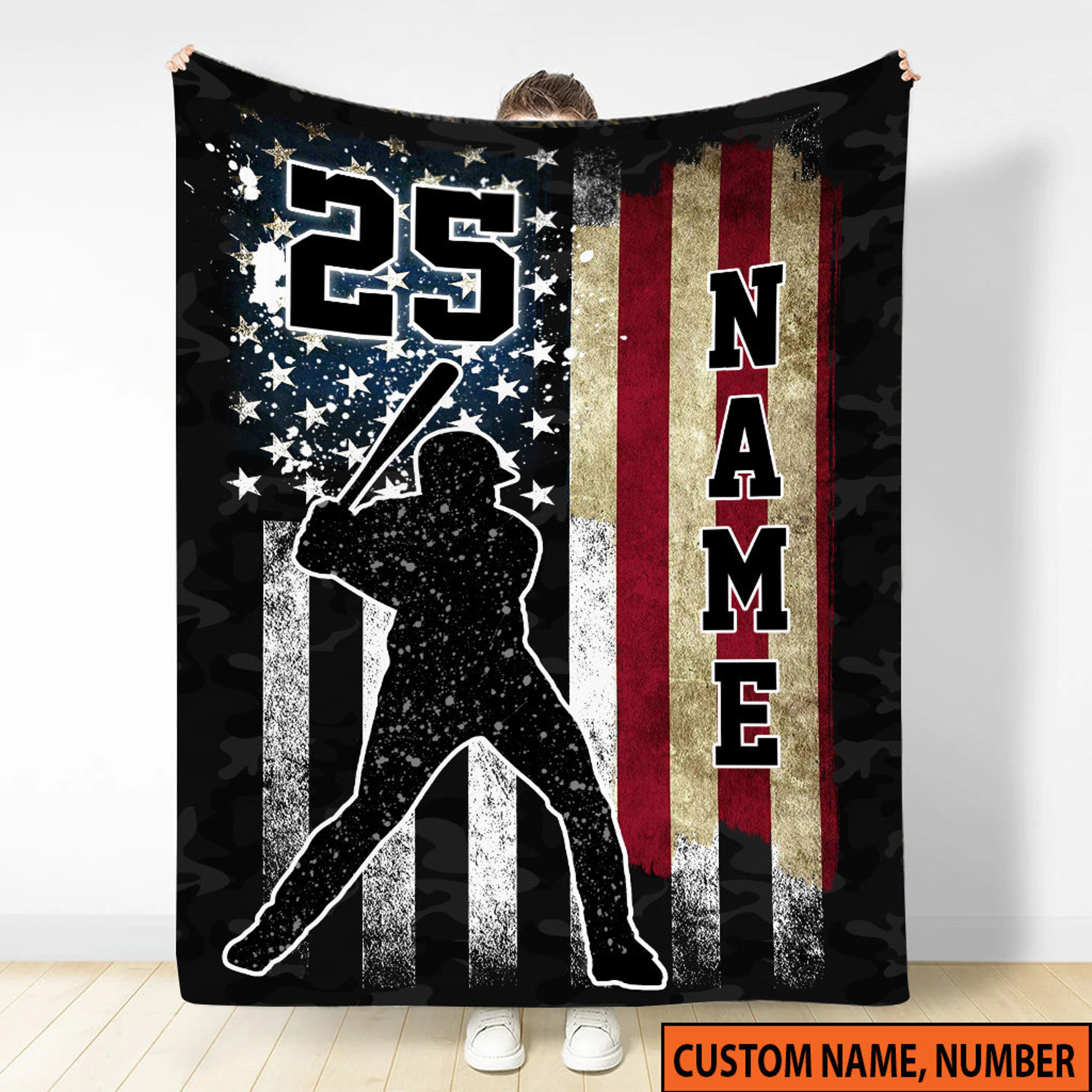 Baseball Quilt Blanket, Personalized Name American Flag Quilt Blanket, Sport Quilt Blanket, Family Throw Blanket, Gift For Him