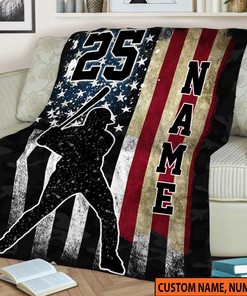 Baseball Quilt Blanket, Personalized Name American Flag Quilt Blanket, Sport Quilt Blanket, Family Throw Blanket, Gift For Him