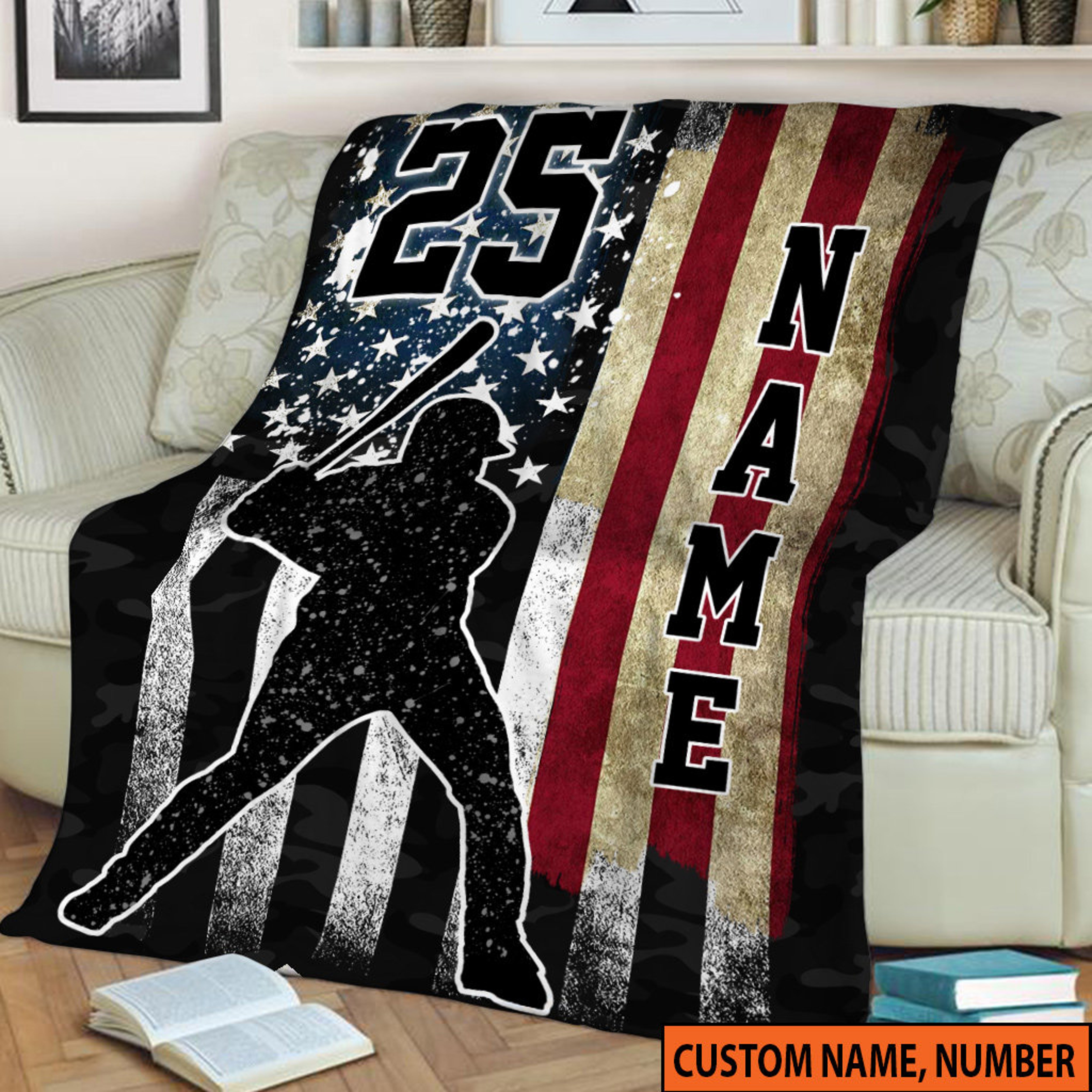 Baseball Quilt Blanket, Personalized Name American Flag Quilt Blanket, Sport Quilt Blanket, Family Throw Blanket, Gift For Him
