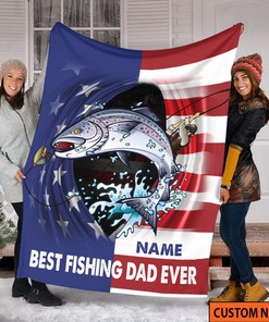 Best Fishing Dad Ever Quilt Blanket, Custom Name Quilt Blanket, Fishing Gifts for Him, American Flag Quilt Blanket