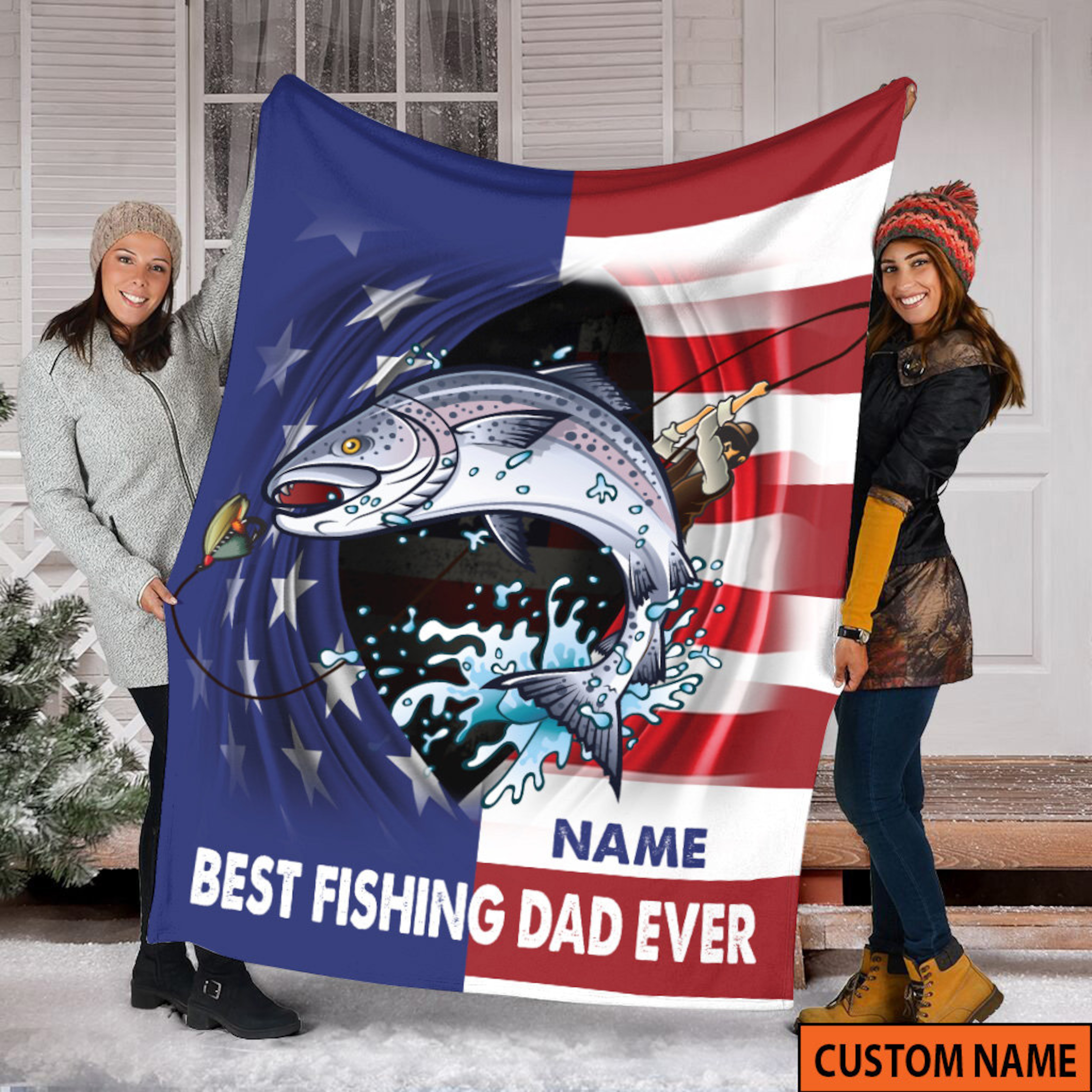 Best Fishing Dad Ever Quilt Blanket, Custom Name Quilt Blanket, Fishing Gifts for Him, American Flag Quilt Blanket