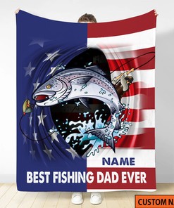 Best Fishing Dad Ever Quilt Blanket, Custom Name Quilt Blanket, Fishing Gifts for Him, American Flag Quilt Blanket
