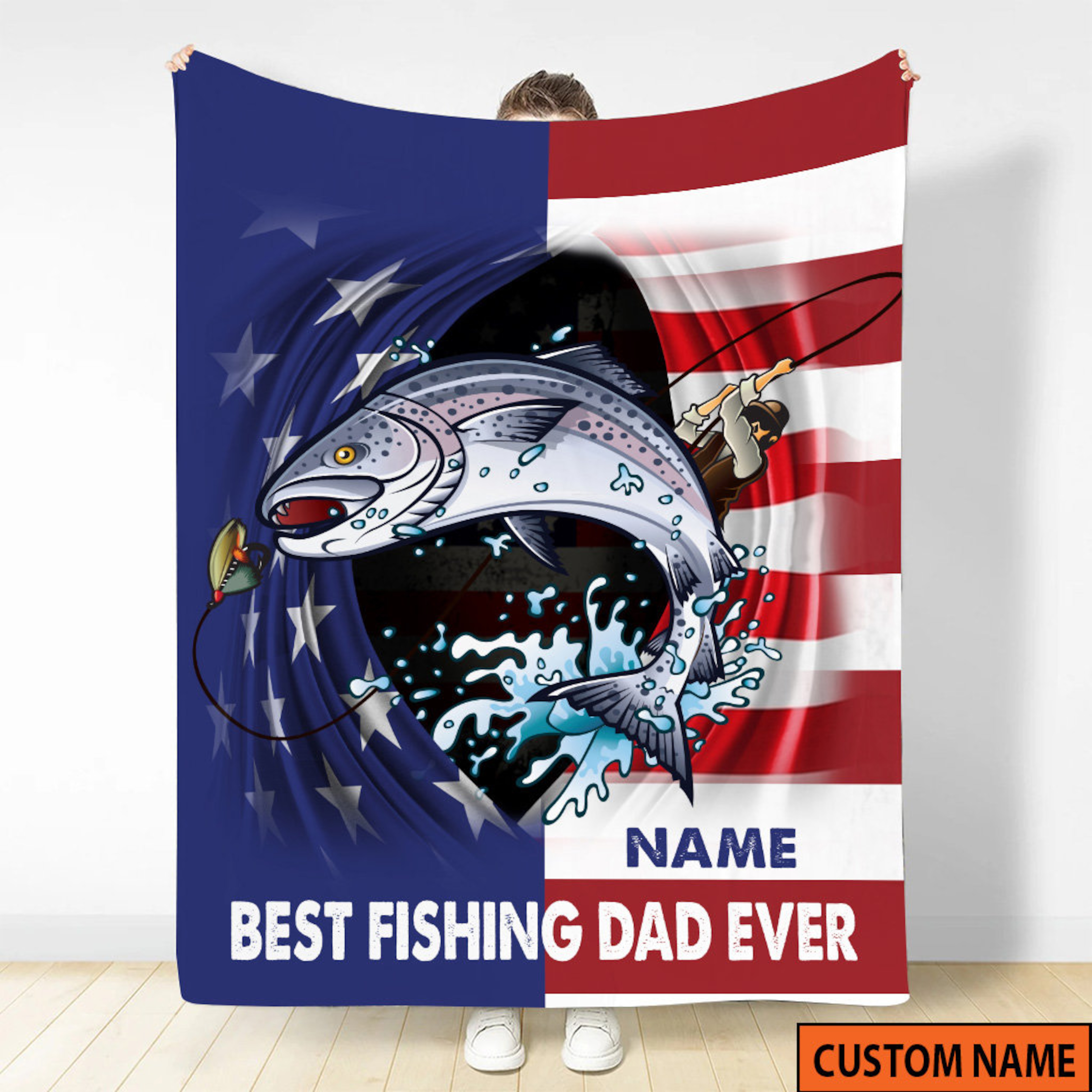 Best Fishing Dad Ever Quilt Blanket, Custom Name Quilt Blanket, Fishing Gifts for Him, American Flag Quilt Blanket