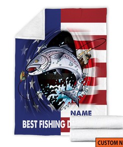 Best Fishing Dad Ever Quilt Blanket, Custom Name Quilt Blanket, Fishing Gifts for Him, American Flag Quilt Blanket