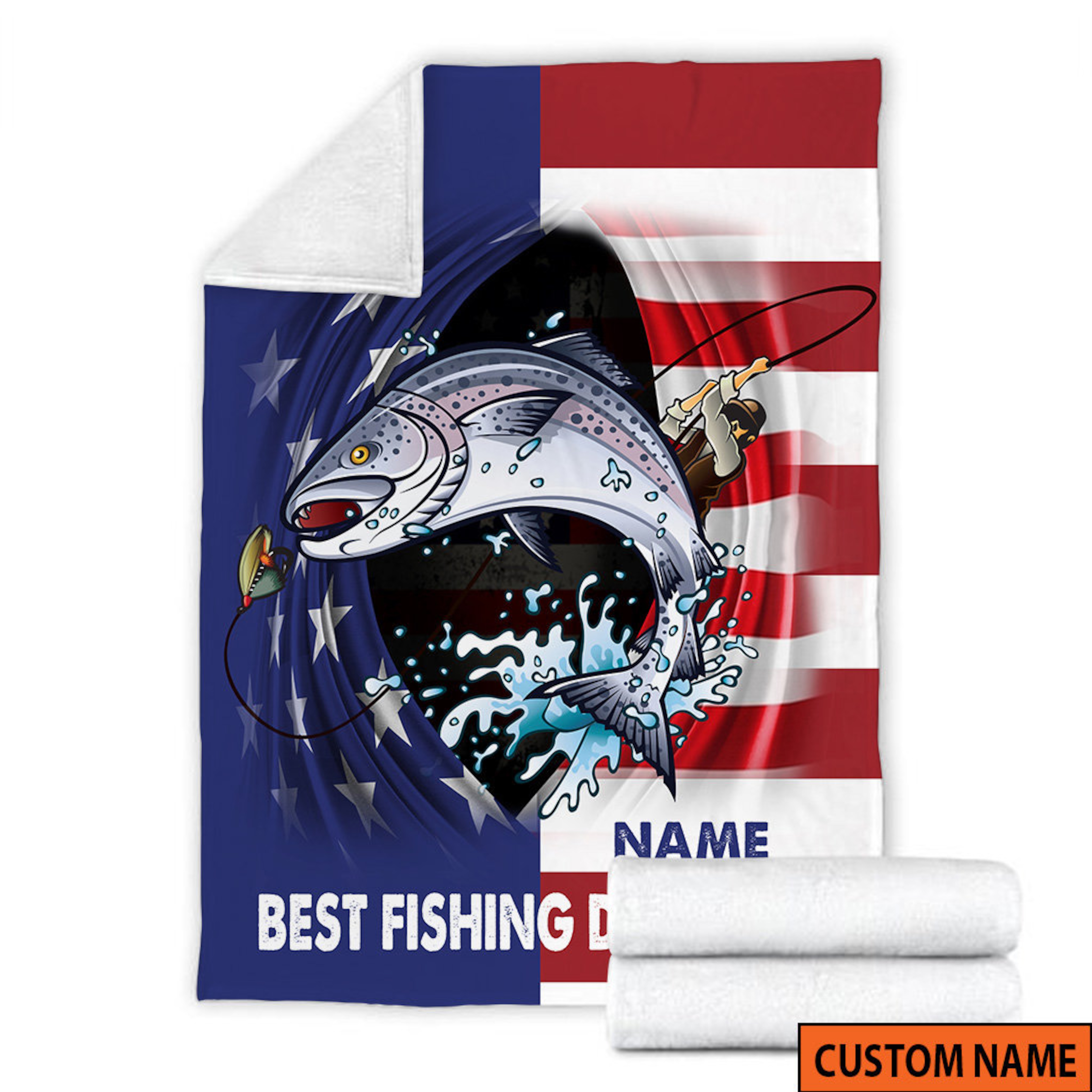 Best Fishing Dad Ever Quilt Blanket, Custom Name Quilt Blanket, Fishing Gifts for Him, American Flag Quilt Blanket