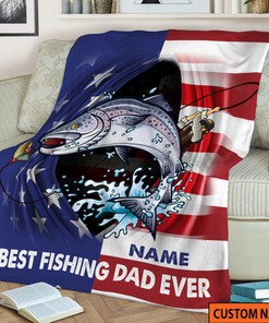 Best Fishing Dad Ever Quilt Blanket, Custom Name Quilt Blanket, Fishing Gifts for Him, American Flag Quilt Blanket