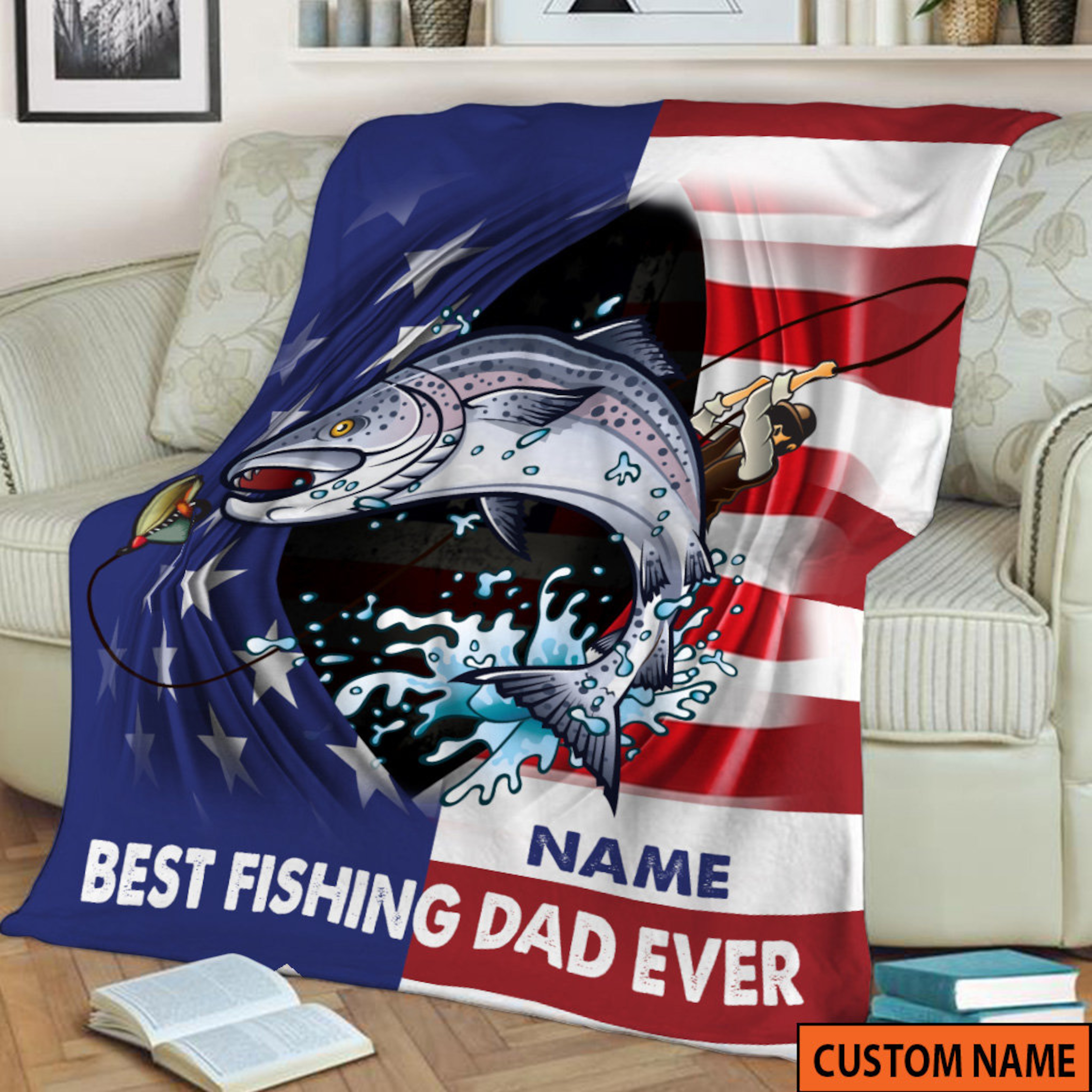 Best Fishing Dad Ever Quilt Blanket, Custom Name Quilt Blanket, Fishing Gifts for Him, American Flag Quilt Blanket