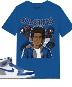 Black Spider Man Shirt Match Jordan 1 High OG True Blue Shirt In Color Royal