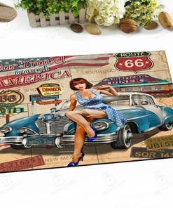 Car Travel Through America Vintage Route 66 Rug for Home Decoration