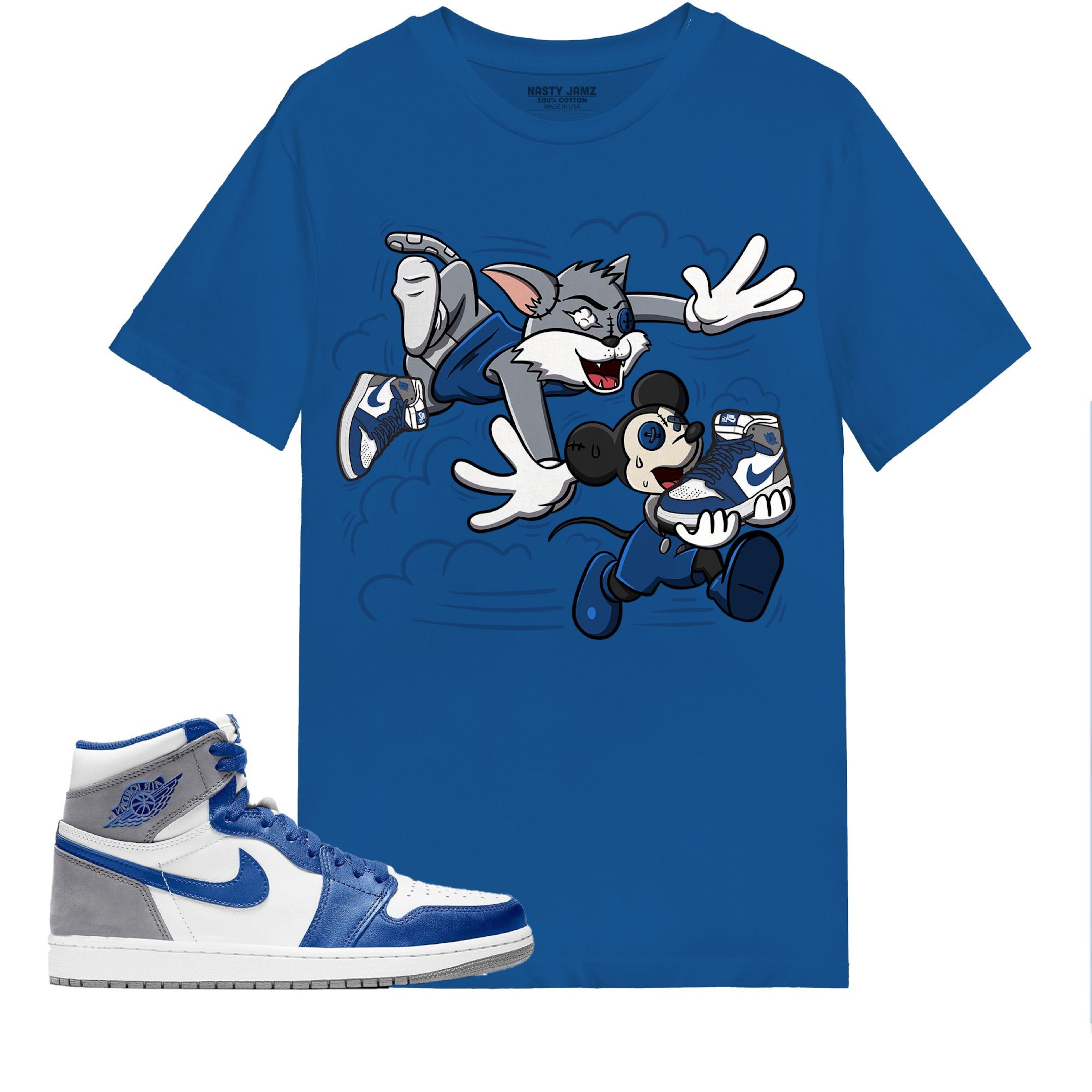 Cat And Mouse Chasing Shirt Match Jordan 1 High OG True Blue Shirt In Color Royal