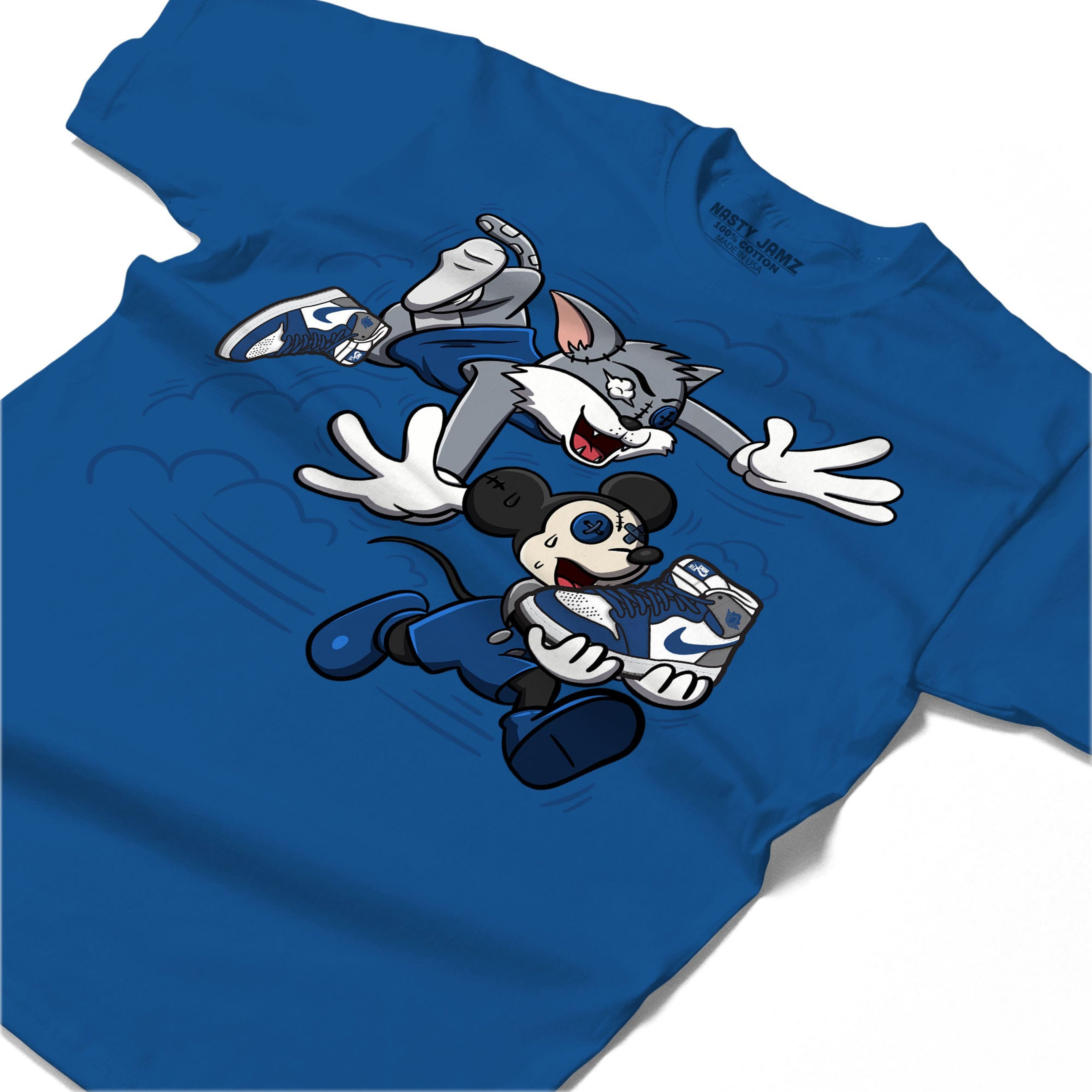 Cat And Mouse Chasing Shirt Match Jordan 1 High OG True Blue Shirt In Color Royal